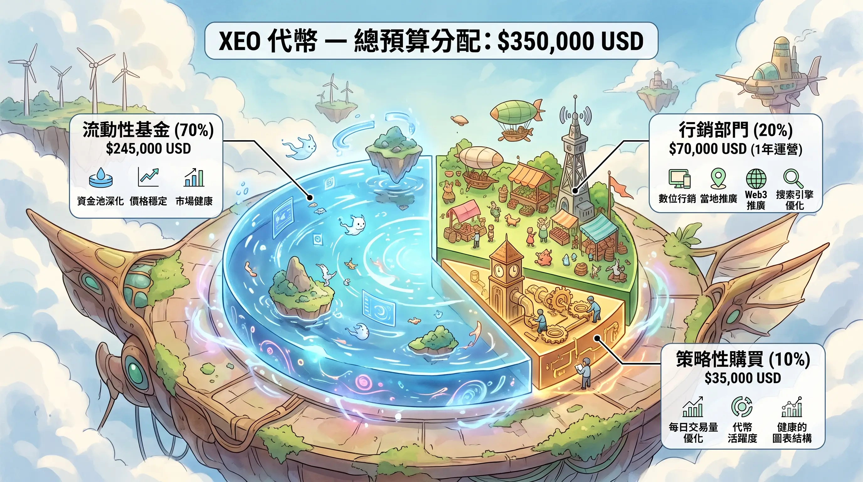 XEO 代币 35 万美元总预算在流动性、营销与战略性购买之间的分配