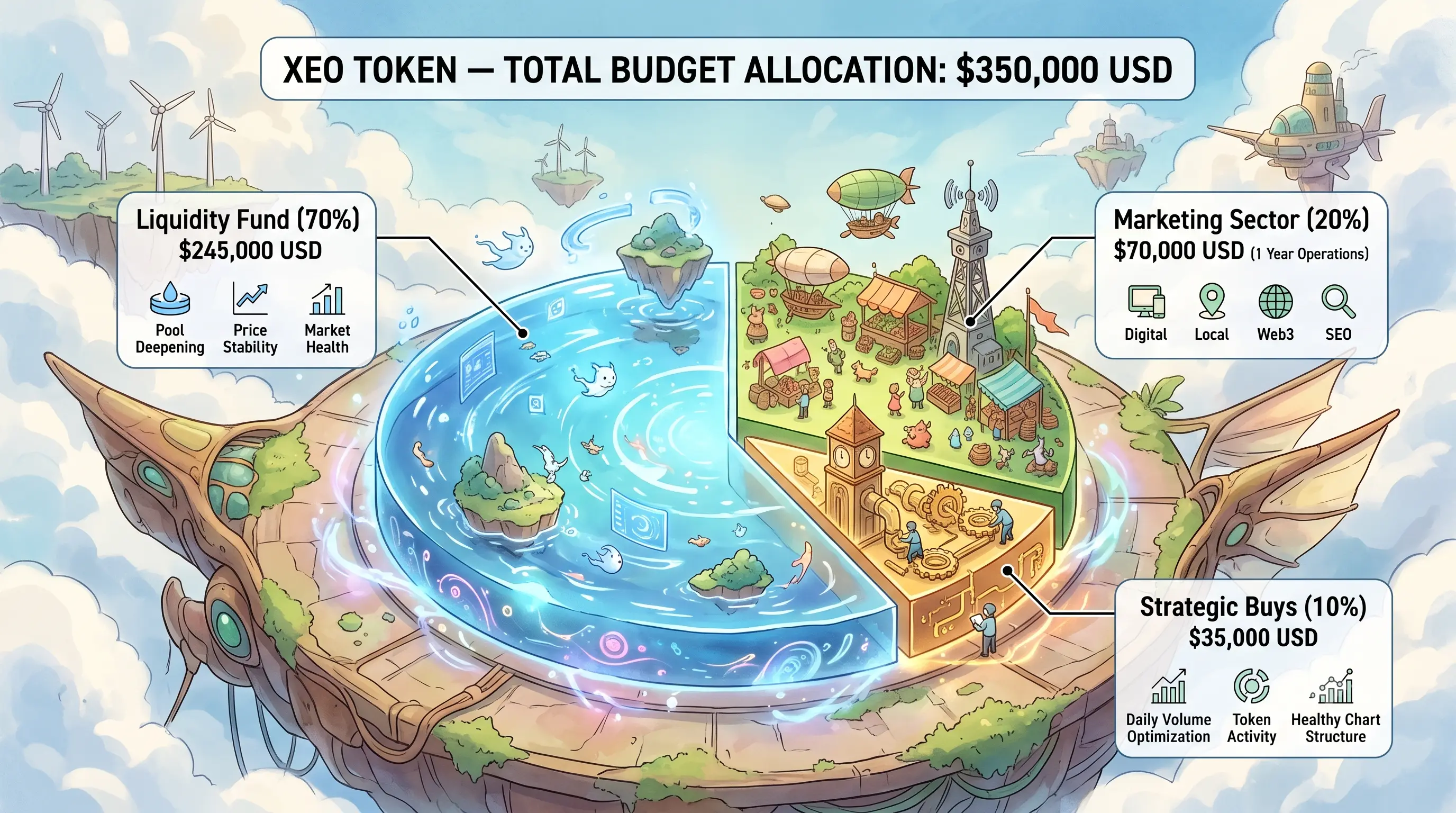 XEO token total budget allocation of $350,000 USD across liquidity, marketing and strategic buys