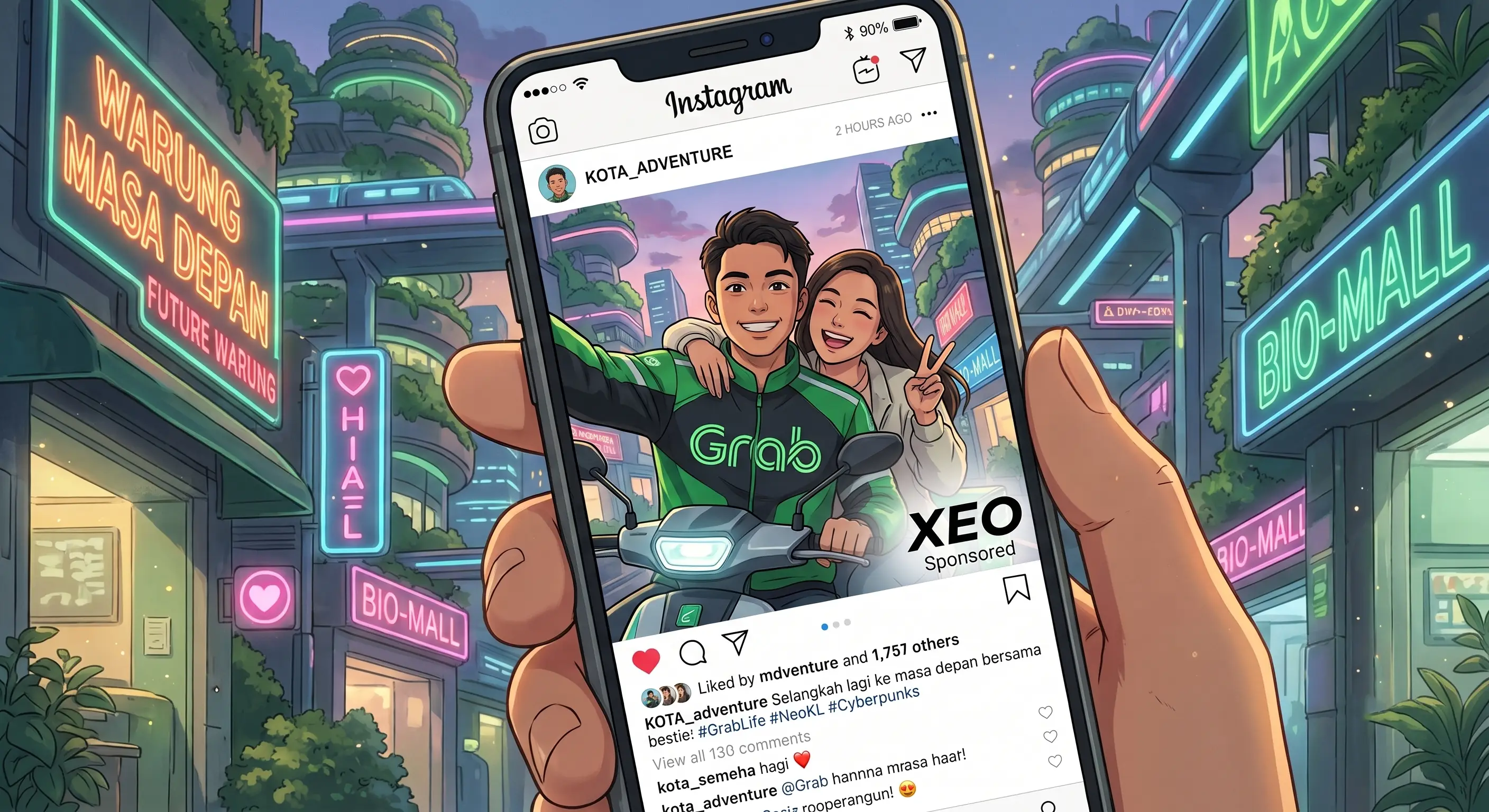 XEO sponsored social post featuring a Grab delivery rider community