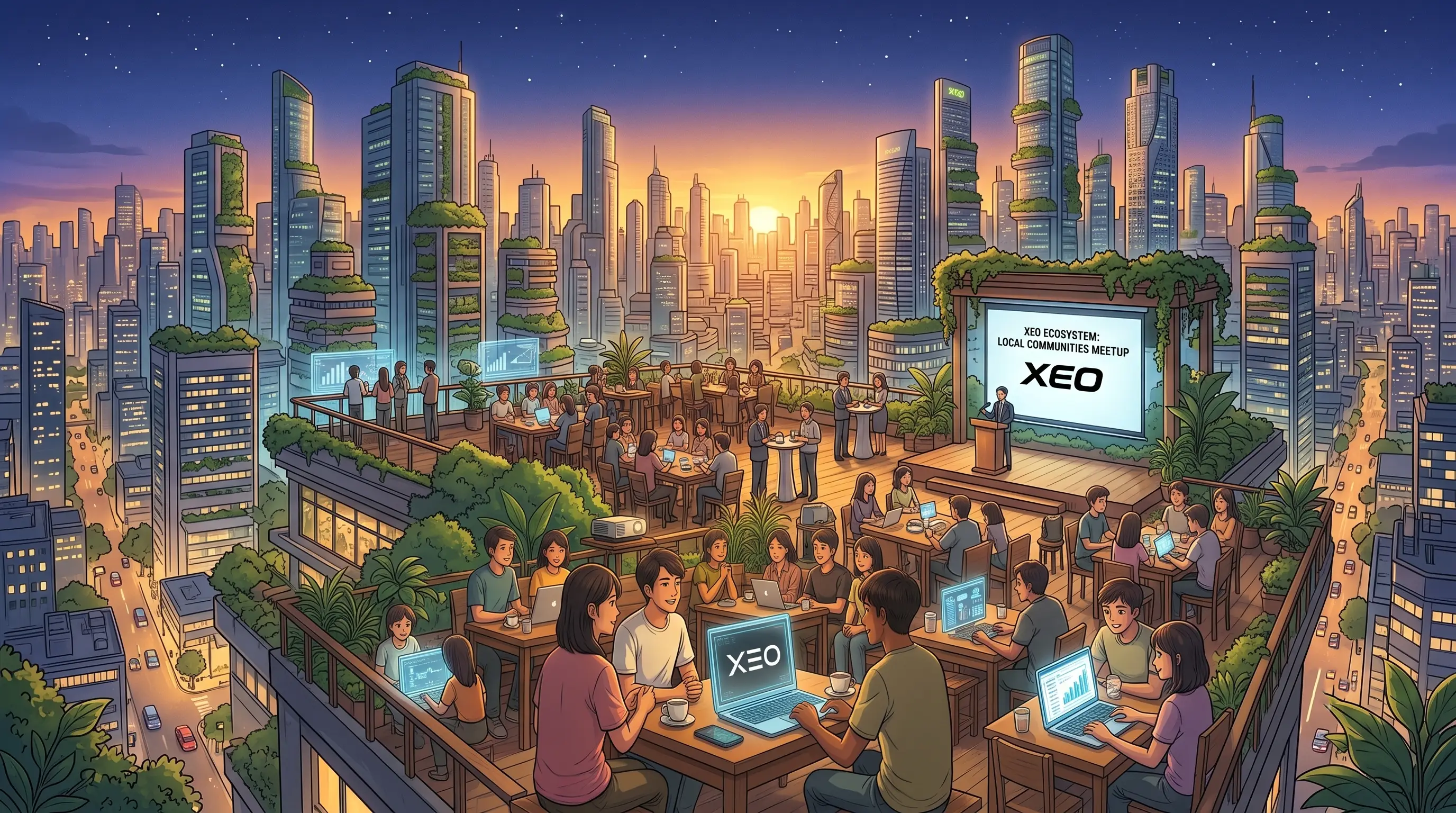 XEO ecosystem local community meetup on a rooftop terrace at dusk