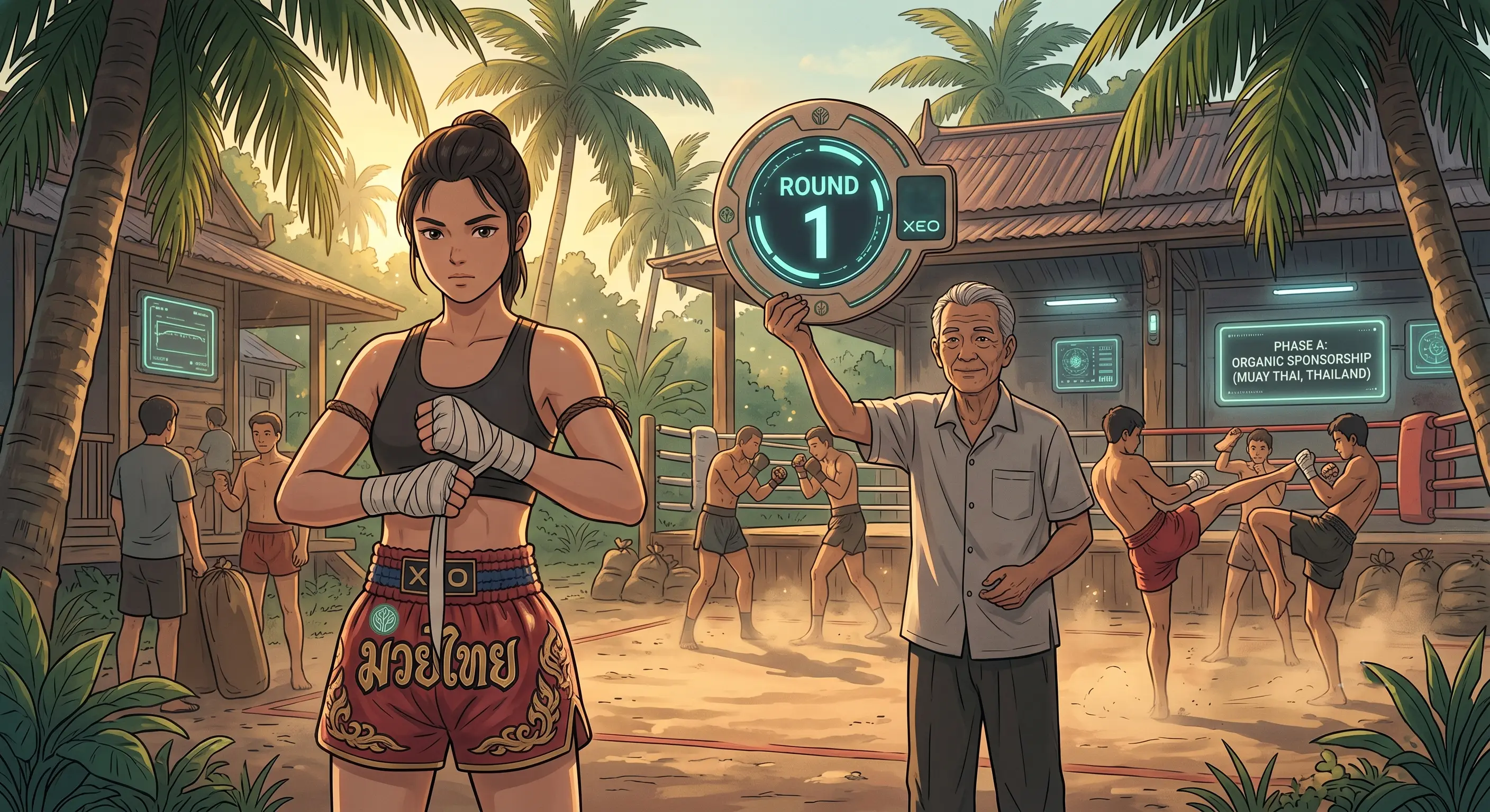XEO-branded Muay Thai fighter and round indicator in Thailand