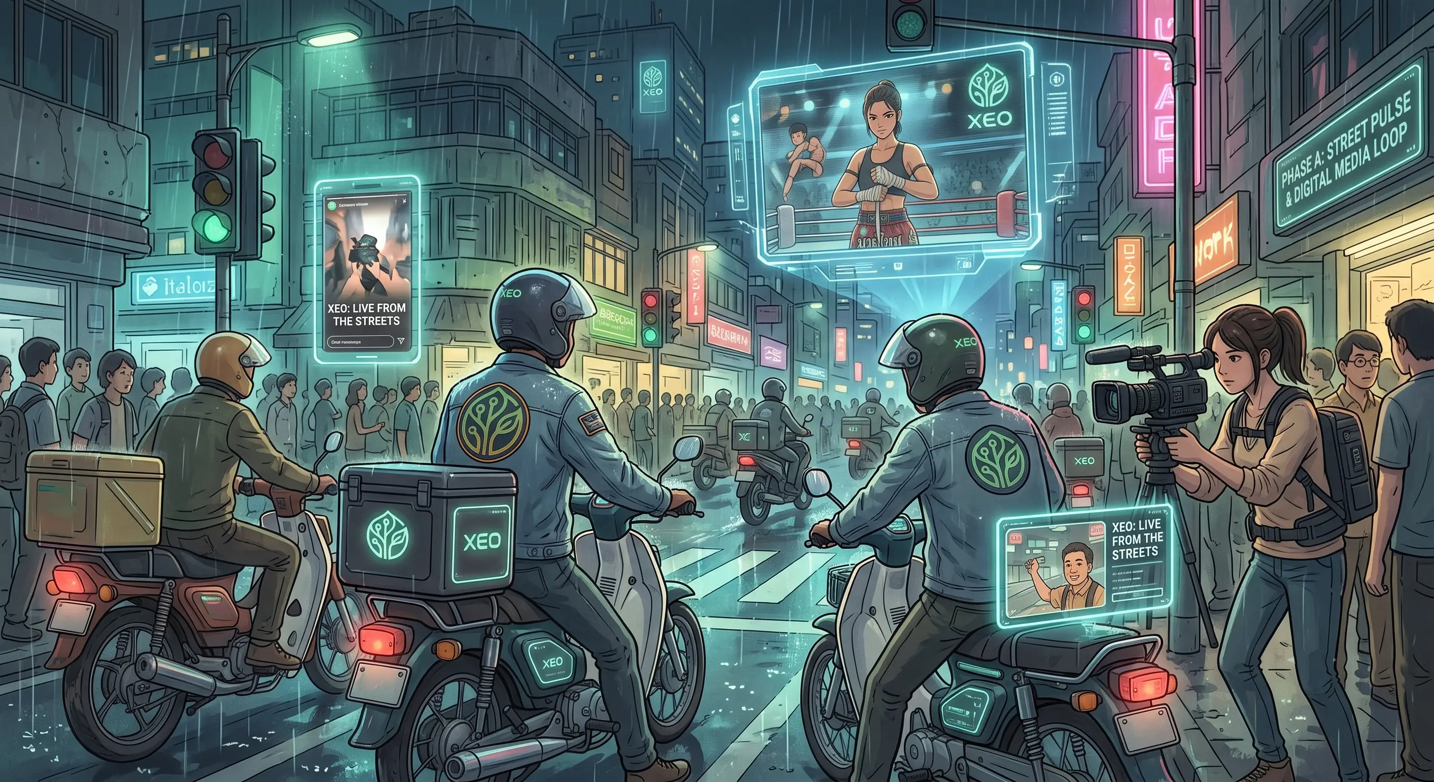 XEO street pulse and digital media loop across city delivery riders at night